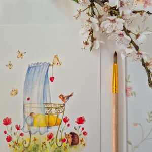 Kaart geboorte wiegje baby/ welkom lief kleintje/ wenskaart felicitatie/ geboortekaart met bloemen