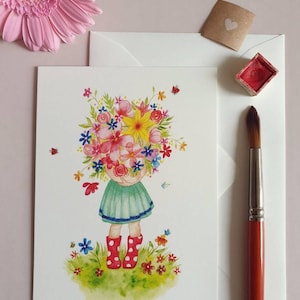 Wenskaart bloemen, bloemen kaart/ kaart bloemenmeisje/ afbeelding bloemen/ illustratie bloemenmeisje/ verjaardagskaart