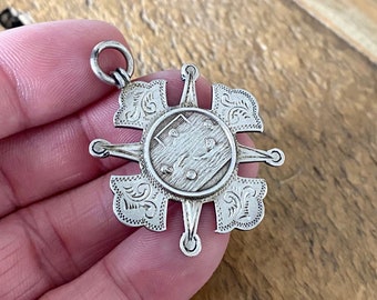 Ornate Vintage Solid Silver Pocket Watch Chain Fob. Antique Hallmarked silver medal pendant 1903