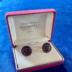 A pair of Queen Elizabeth II Enamel Coin Cufflinks in vintage jewellery box. Handmade coin jewelry. The year 1953