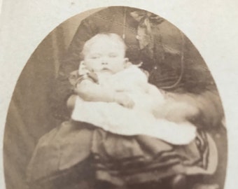 Rare Antique British CDV photograph. Original Victorian Photo of a baby held by a hidden mother Collectable English Carte De Visite of child