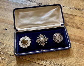 Three Beautiful Victorian Sterling Silver Brooches in an antique Jewelry Box