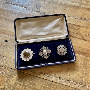 Three Beautiful Victorian Sterling Silver Brooches in an antique Jewelry Box