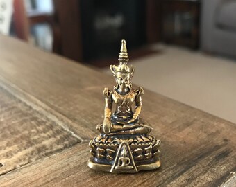 Small Brass Buddha Statue. Miniature Buddhist figurine. Lucky Charm Amulet. Buddhism ornament