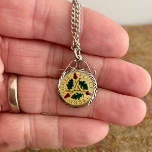 Handmade Enamelled Coin Pendant Necklace. 1934 Silver Threepence coin jewelry, Vintage Jewellery Gift