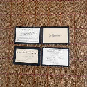 4 x anciennes cartes funéraires In Memoriam. Cartes commémoratives pour annoncer le décès d'un membre de la famille. Cartes de deuil victoriennes. Famille Thackwray
