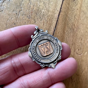 Vintage Solid Silver & Gold Pocket Watch Chain Fob. Antique Silver medal pendant. Old British medal.