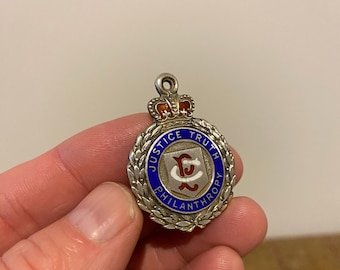 Heavy Vintage Solid Silver & Enamel Pocket Watch Chain Fob. Antique Hallmarked silver medal pendant