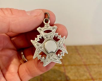 Ornate Vintage Solid Silver Pocket Watch Chain Fob. Antique Silver medal pendant. British Vintage Jewelry. Dated 1903