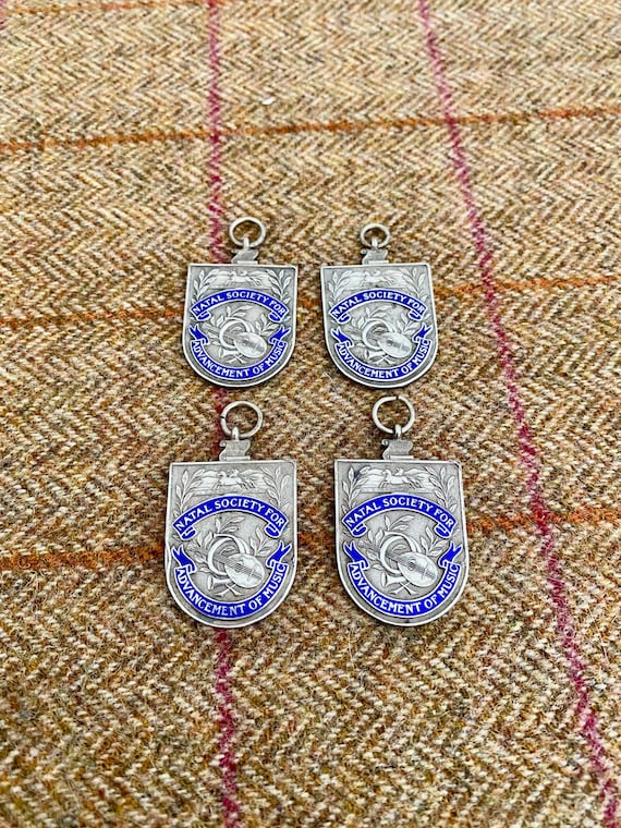 4 x Vintage Solid Silver Pocket Watch Chain Fobs. Antique sterling silver medal pendants. Music medals