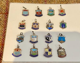 16 x Sterling Silver & Enamel miniature Shield Fob Pendants. Crests of towns, places and countries. Vintage Silver Bracelet Charms