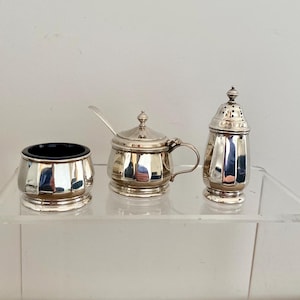 Vintage Solid Silver Cruet Set.  Antique Salts, Pepper Pot and Mustard Pot.
