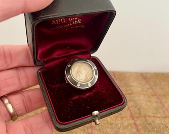 Small Antique Hair Mourning Brooch with locket at back. Antique Mourning Photo Brooch in Vintage Jewelry box, Mourning Jewellery