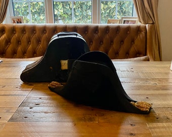 Military Naval Officers Bicorn Hat with tin Case, Made by Gieves Ltd By Appointment to the King. J Ferguson Royal Navy