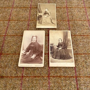 Antique Mourning CDV photographs. 3 x Original Photos of Victorian Women in black mourning dresses. Carte De Visite with fashion interest