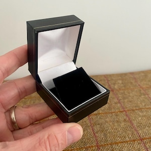 May include: A black ring box with a white interior and a black velvet cushion. The box is open and the cushion is visible.