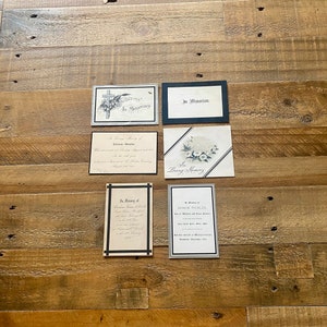 Six cartes funéraires anciennes In Memoriam. Cartes commémoratives pour annoncer le décès d'un membre de la famille. Cartes de deuil victoriennes et postérieures