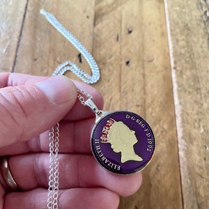 Beautiful Queen Elizabeth II Enamel Coin Pendant Necklace. 1992 coin jewelry