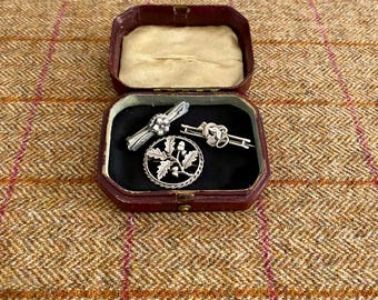 Three Hallmarked Sterling Silver Brooches in an antique Jewelry Box. Vintage Silver Jewellery