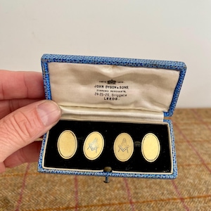 Hallmarked Vintage Sterling Silver Masonic cufflinks in a vintage jewellery box