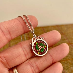 Beautiful Handmade Enamelled Coin Pendant Necklace. 1936 Silver Threepence coin jewelry, Vintage Jewellery