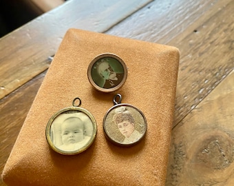 Collection of Three Antique Pendants & brooch in a vintage Jewelry Box. Vintage Jewellery Box with Mourning pendants