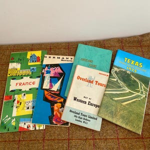 Quatre cartes de voyage vintage, France, Allemagne, Overland Tours Europe, Texas