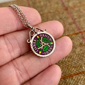 Beautiful Handmade Enamelled Coin Pendant Necklace. 1935 Silver Threepence coin jewelry, Vintage Jewellery