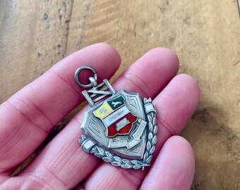 Vintage Solid Silver Pocket Watch Chain Fob. Antique silver & enamel medal pendant. Good for Jewelry making