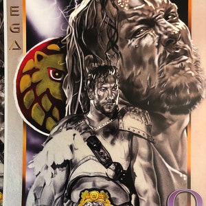 May include: A black and white illustration of a wrestler with a championship belt. The wrestler is wearing a gladiator-style outfit and has a fierce expression on his face. The image is titled "One-Winged Angel" and "MEGA".