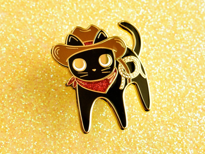 Cowboy Cat Sparkly Enamel Pin Golden Metal image 3