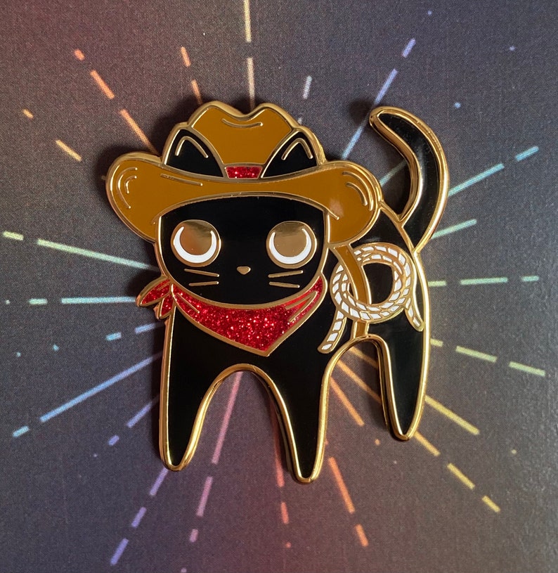 Cowboy Cat Sparkly Enamel Pin Golden Metal image 9