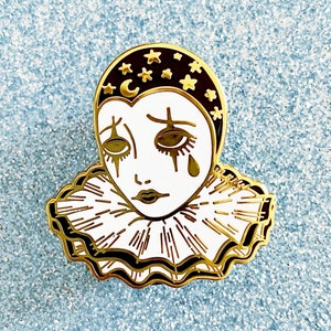Smutna dziewczyna klaun Pierrot emaliowana broszka - złoty metal