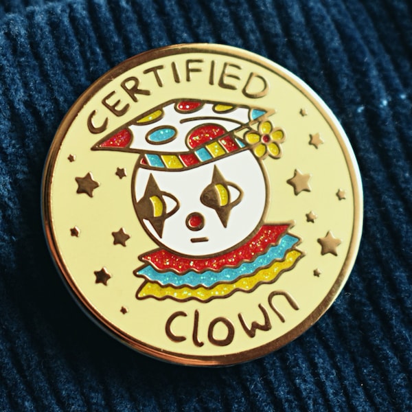 Certified Clown Glittery Enamel Pin Badge - Golden Metal