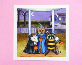 Halloween Possum Fox Raccoon Art Print - 6x6” Giclee Limited Edition