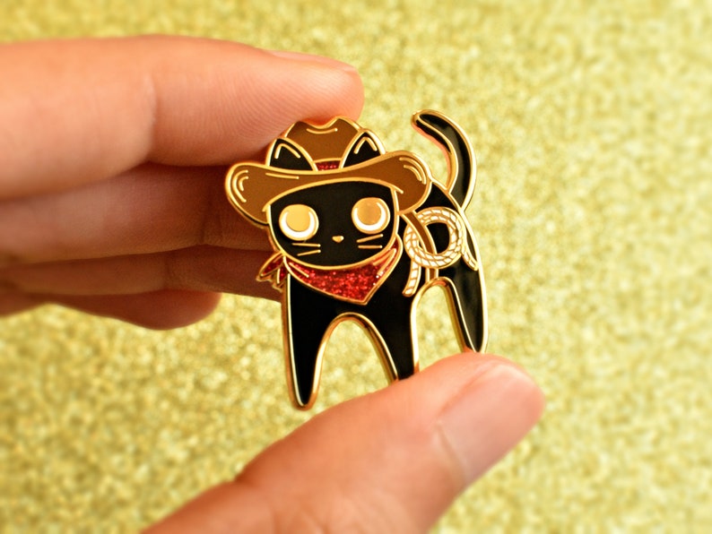 Cowboy Cat Sparkly Enamel Pin Golden Metal image 2