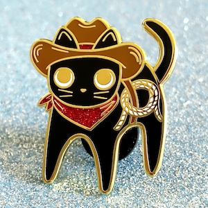 Cowboy Cat Sparkly Enamel Pin Golden Metal image 1