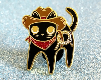 Broche chat de cow-boy en émail scintillant - Métal doré