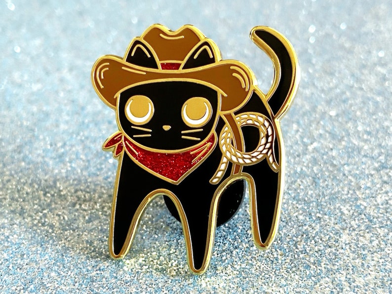 Cowboy Cat Sparkly Enamel Pin Golden Metal image 1