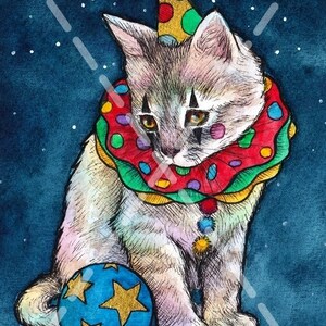 May include: A watercolor painting of a gray and white kitten wearing a colorful clown costume and a party hat. The kitten is sitting next to a blue ball with gold stars. The background is a dark blue with white stars.