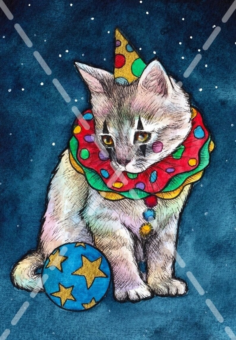May include: A watercolor painting of a gray and white kitten wearing a colorful clown costume and a party hat. The kitten is sitting next to a blue ball with gold stars. The background is a dark blue with white stars.
