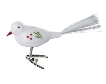 Décoration de sapin de Noël oiseau en verre avec queue sur clip 8,5 cm blanc