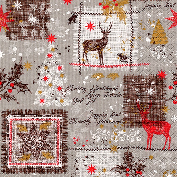 Napkins Paper 33 x 33 cm Patchwork Deer Motif 20 Pieces Taupe