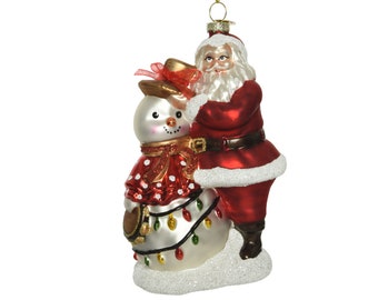 Décoration de sapin de Noël en verre Père Noël et bonhomme de neige 16 cm rouge