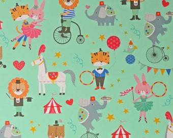 Geschenkpapier Tiere im Zirkus 70cm x 2m Rolle helltürkis