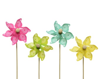 Bouchons de fleurs moulin à vent / moulinet en plastique 9 x 28 cm lot de 4 colorés