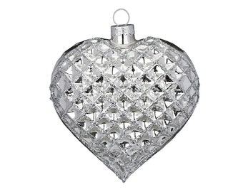 Christmas tree decoration glass heart with waffle pattern 10.5 cm silver