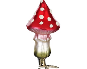 Décoration de sapin de Noël agaric mouche en verre sur pince 11 cm rouge blanc