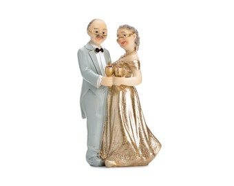 Figurine de gâteau mariage doré/couple de mariés, 12 cm