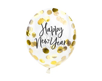 Ballons Happy New Year 27 cm transparents avec confettis dorés lot de 3